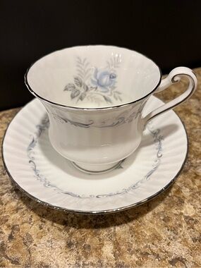 PARAGON Morning Rose Bone China Teacup and Saucer with Blue Rose and Silver Trim